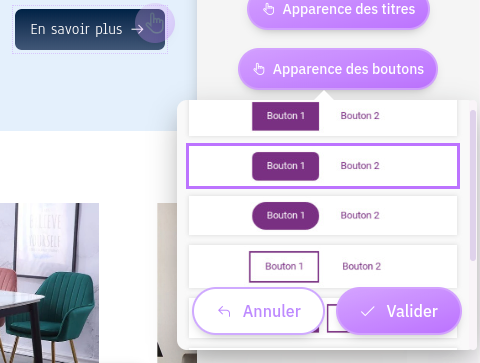 Woksite vous permet de personnaliser très simplement l'apparence des boutons de votre site, à l'aide de 2 paramètres : le style (bordures et fonds) et l'effet de coloration (fond uni ou dégradé).