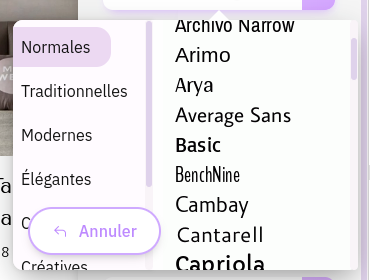 Les polices sont triées par catégorie.
Comme police de texte, les polices normales et traditionnelles sont recommandées car plus faciles à lire.