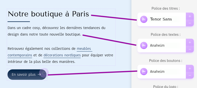 Les polices de titre, de texte et de boutons sont utilisées dans le contenu de vos pages.