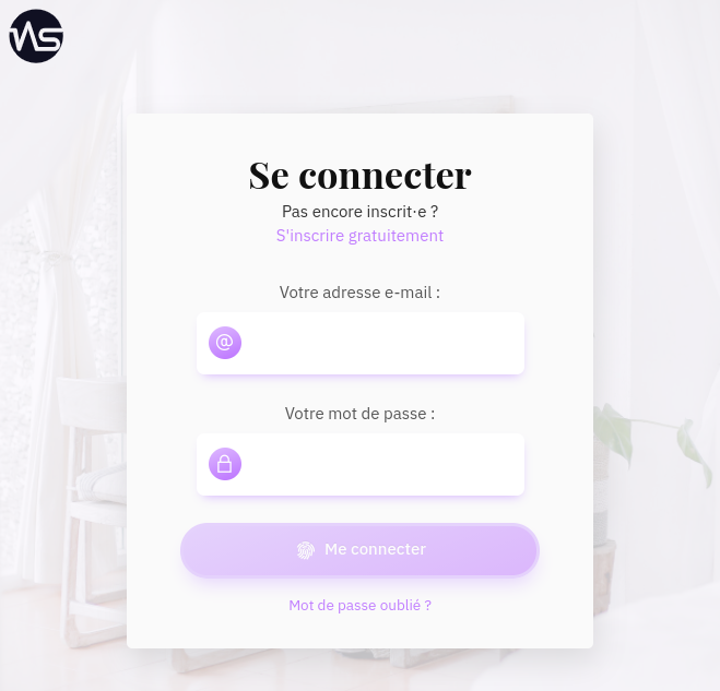 Dans le formulaire de connexion, indiquez l'adresse e-mail de votre compte Woksite (celle avec laquelle vous vous êtes inscrit⸱e) ainsi que votre mot de passe, puis cliquez sur "me connecter".