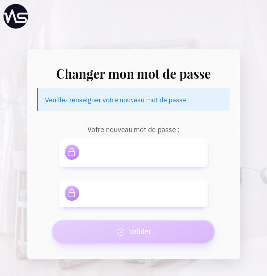 Un nouveau formulaire s'affiche, dans lequel vous pouvez redéfinir votre mot de passe, et confirmer en cliquant sur "valider".